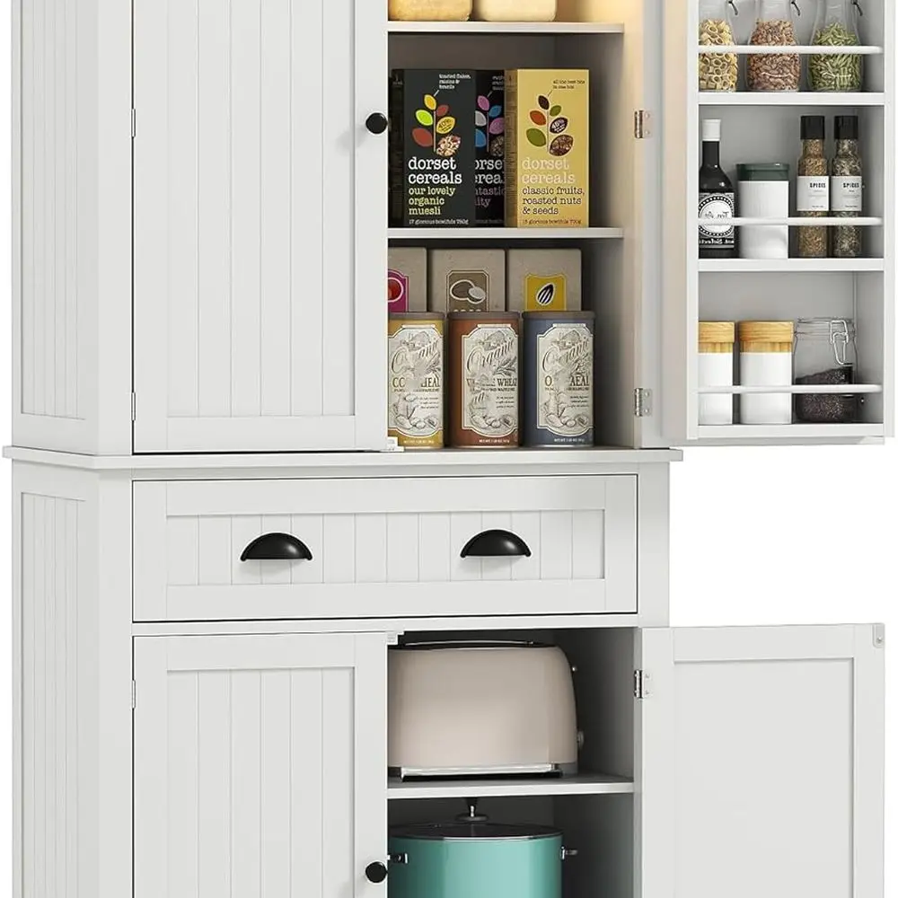 LED Motion Sensor Kitchen Pantry Cabinet, Tall Storage with 6 Shelves, Drawers & Adjustable Racks, White