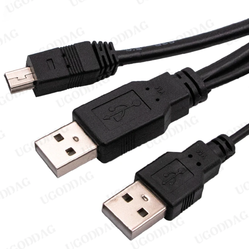 2 in 1 USB 2.0 Double A Type 2A Male to Mini 5 Pin Male Y Cable For 2.5" Mobile Hard Disk Drive HDD Date Cable Portable