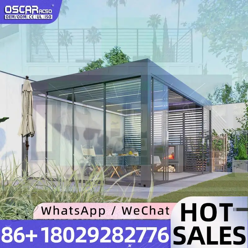 Modern Bioclimatic Freestanding Gazebo LED Smart Motorised Pool Waterproof Aluminum Louvre Sun Pavilion for Garden Backyard Pati