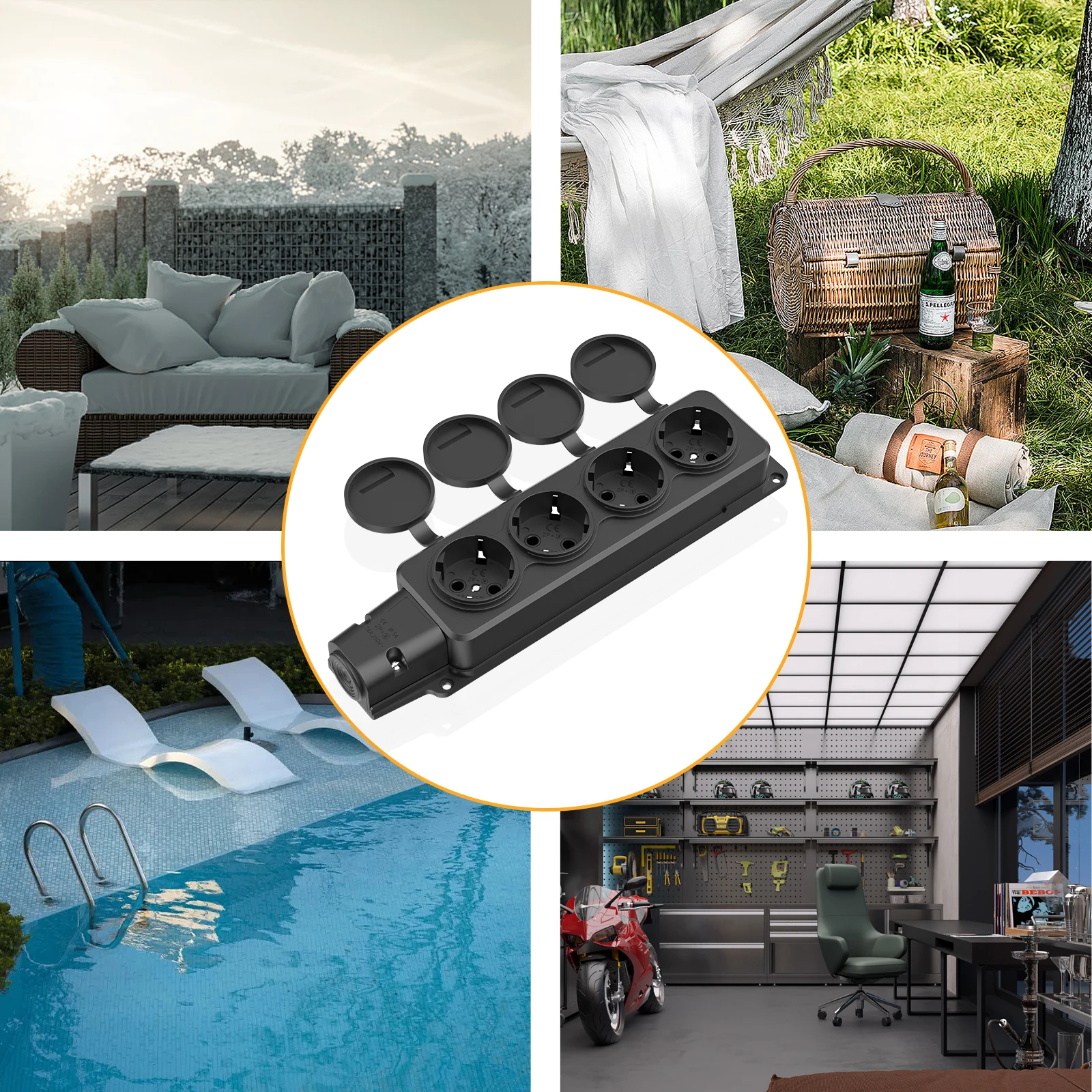 2pcs EU Outdoor Socket Waterproof Industry Power Socket with Rain Cover, 3/4-Way Outlet Power Strip IP54 for Garden Outdoor