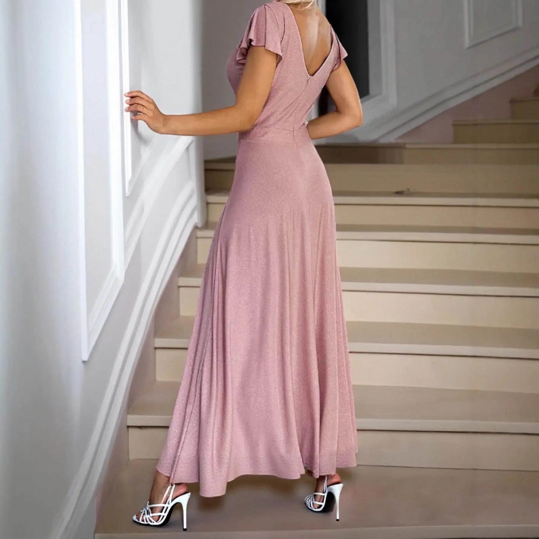 

Новое женское вечернее платье с глубоким V-образным вырезом, коротким рукавом, длинное, с высокой талией и разрезом, осеннее, цветное