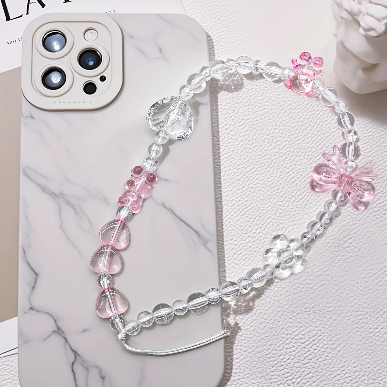Korean Cute Pink Bowknot Bear Heart Beaded Phone Chain Charm Lanyard For iPhone Samsung Hanging Rope Girl Jewelry Decoration