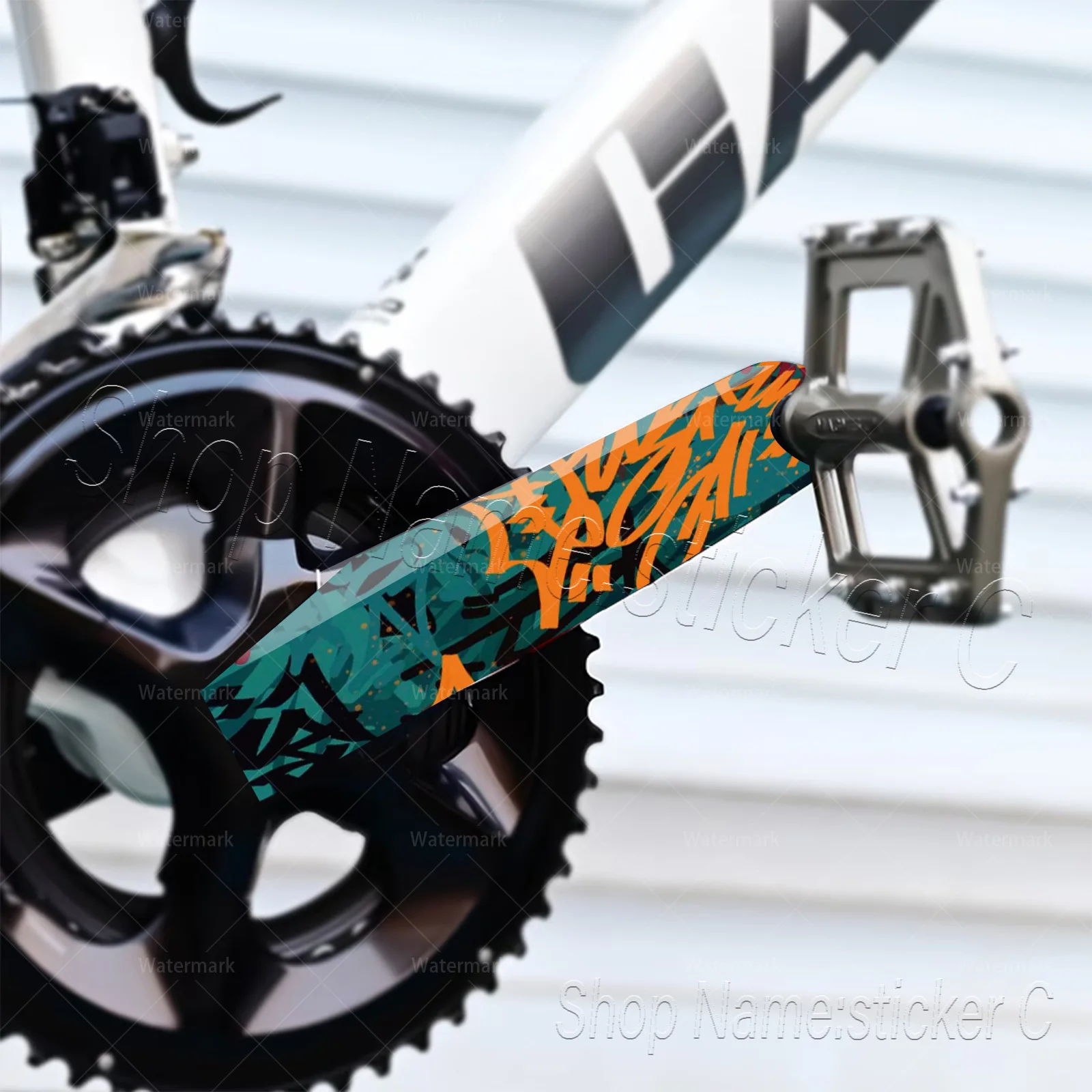 1 Set Teal Orange Abstract Graffiti Style Waterproof Vinyl Crank Arm Stickers, Decals for MTB Road Bike