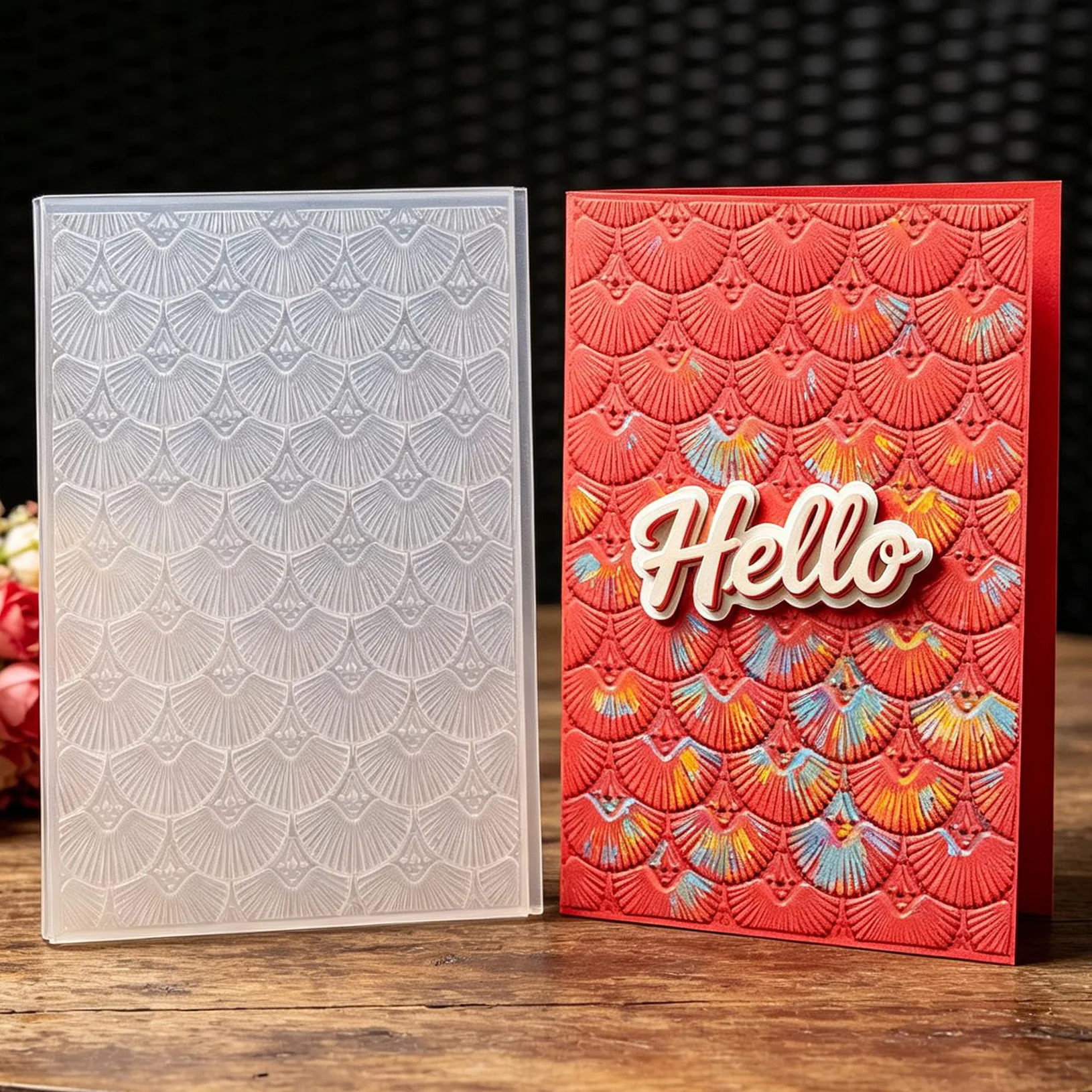 Retro decorative fan shaped fish scale pattern relief texture embossed board with repeated symmetrical fan shaped pattern three-