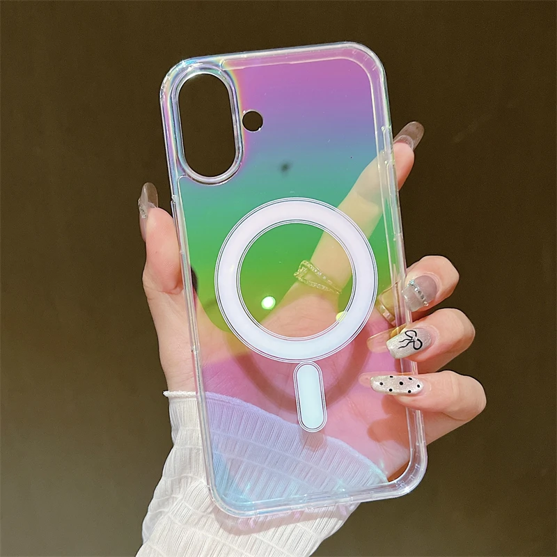 For Magsafe Magnetic Wireless Charging Rainbow Laser Clear Case For iPhone 16 15 14 13 12 11 Pro Max X XS XR 8 7 16Plus SE Cover