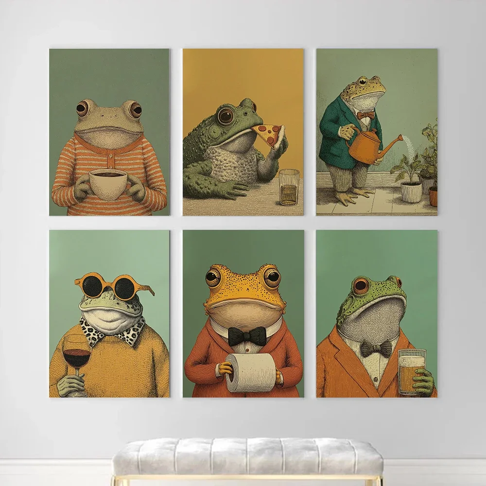 Multiple sizes 1pc frameless Canvas Painting,Whimsical Gentleman Frog Poster Meditating Wine Butterfly Modern Prints Canvas Pain