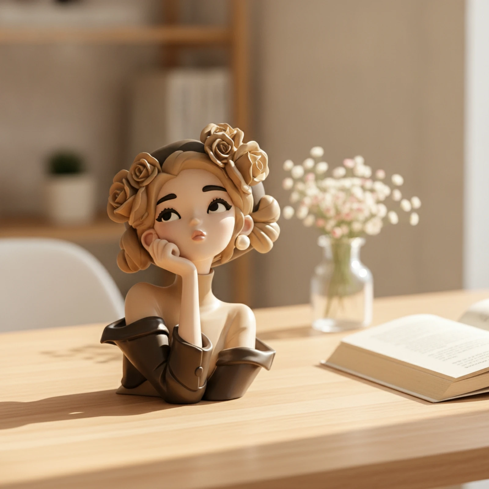 Girl Figurine with Rose Headband Modern-Romantic Female Bust Statue Lady Figurine Sculpted Resin Statue Chic for Vanity, Shelf