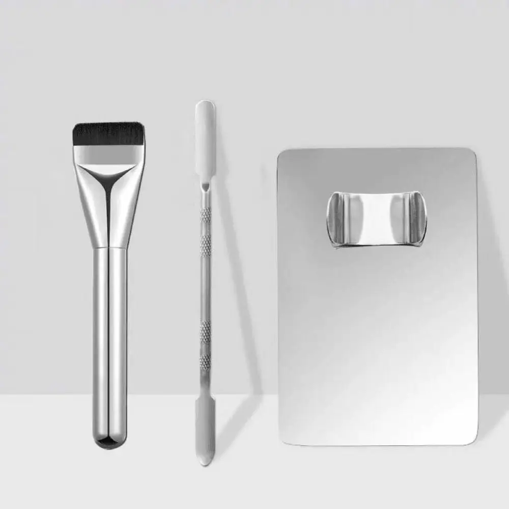 4 Stuks Rvs Make-Up Tool Kits Ring Mengplaat Schoonheid Mengen Spatel Staaf Met Poederdons Spatel Cosmetische Borstel set