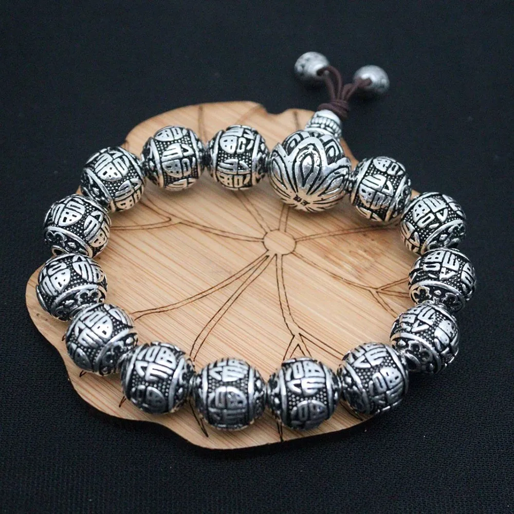 Real Pure 999 Fine Silver Men 13mm Lucky Lotus Characters Fu Beads Bracelet 84-85g