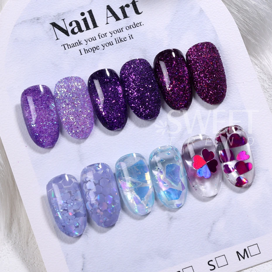 12 griglie serie viola glitter per unghie olografico zucchero scintillante polvere per unghie cuore misto scaglie esagonali decorazione manicure lucida