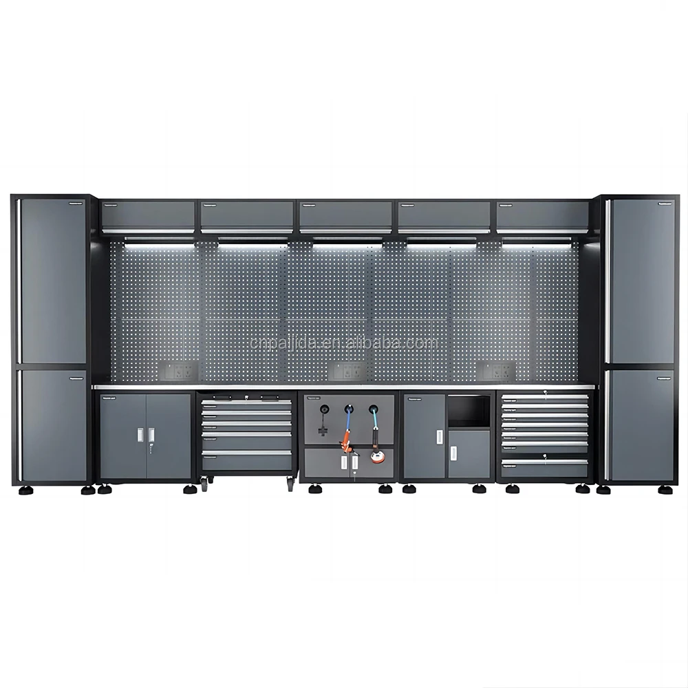 Modular Tool Cabinet Combination With Multiple Drawers Industrial Steel Tool Cabinet System With Workbench