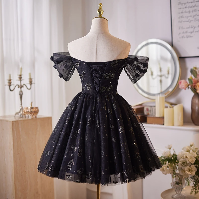AnXin SH princesa flor negra encaje cuello barco rebordear cristal encaje hasta fiesta corto vestido de noche personalizado pequeño vestido negro