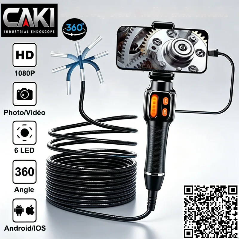 CAKI 6mm Lens HD 360° Degree Rotation Endoscope Camera Articulated Inspection Borescope Camera IP67 for Automotive IOS Android