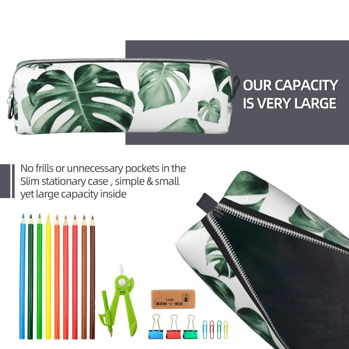 Imagem -06 - Estojo de Lápis Grande com Zíper Bolsa de Lápis Planta Verde Tropical Folhas Folhas Monstera Bolsas de Caneta para Estudante Suprimentos de Armazenamento