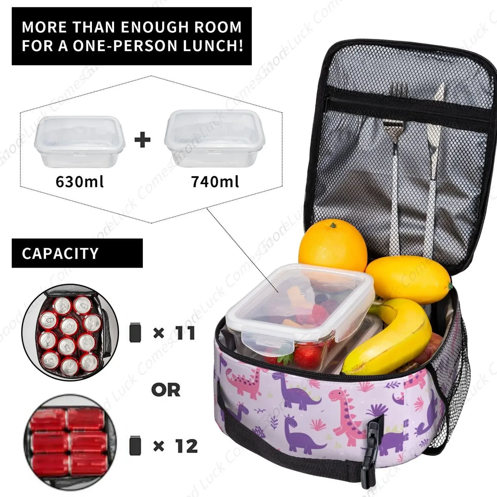 Lilac Dinosaur Lunch Box - Insulated Lunch Bags for Boys/Girls/Women/Men Detachable Handle Lunchbox Meal Tote Bag view 4