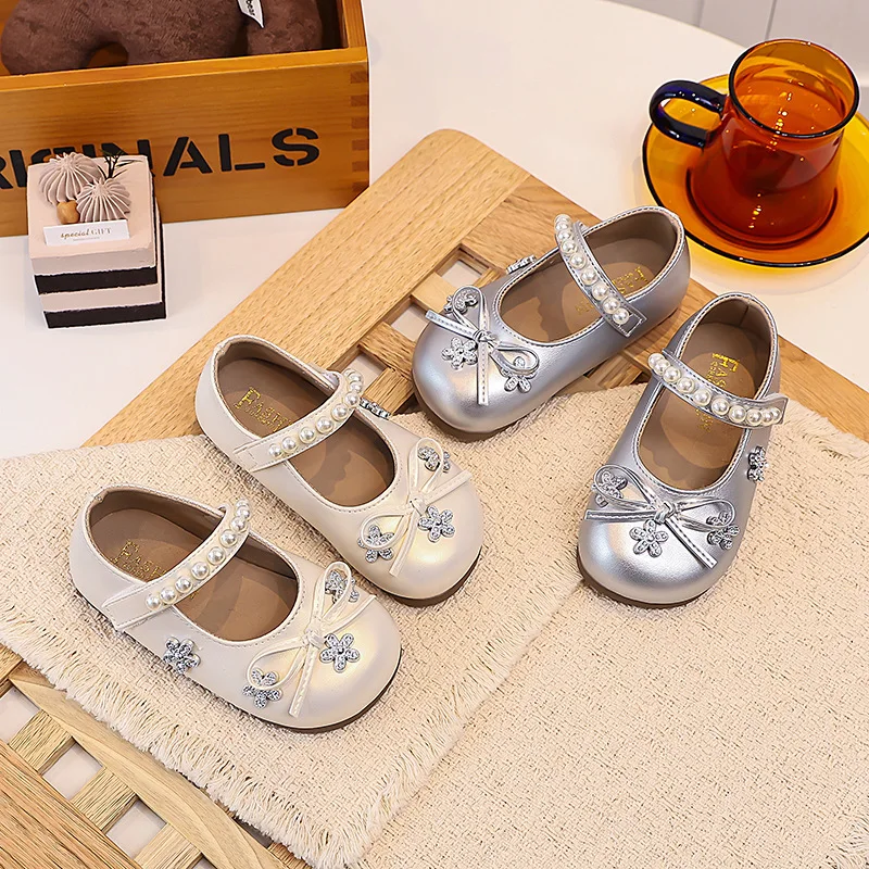 Kids'Casual Shoes PU Leather Bow Pearl Autumn Fashion Soft Bottom Shoes For Girls Breathable Anti-slip White Silver Size 22-31