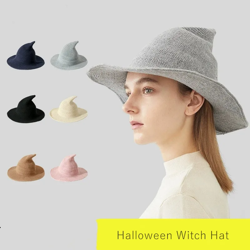 Woolen Fisherman Hat Halloween Witch Hat Pointed And Large Brimmed Knitted Foldable Witch Hat Party Role-Playing Witch Cap