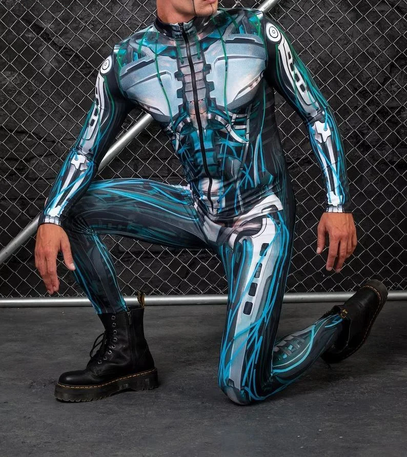 

2025 Colorful Machine Muscle Zentai Men Halloween Bodysuit Punk Cosplay Costume Jumpsuit Carnival Party Festival Outfit