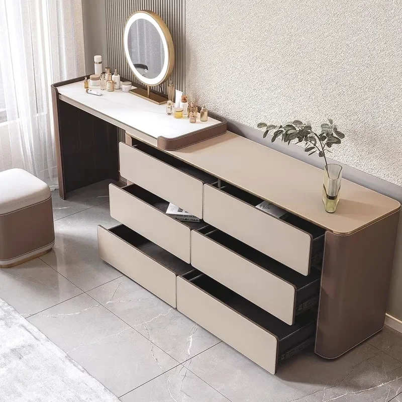 New Light Luxury L Shaped Dresser Integrated Six Drawer Cabinet Rock Slab Telescopic Corner Bedroom Bedside Solid Wood Saddle