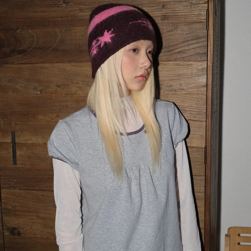 0.28 Sheep's Wool Star Patterned Beanie Hats for Women Elastic Edge Curl Knitted Hat Ear Protection Brimless Slouchy Caps Gorro