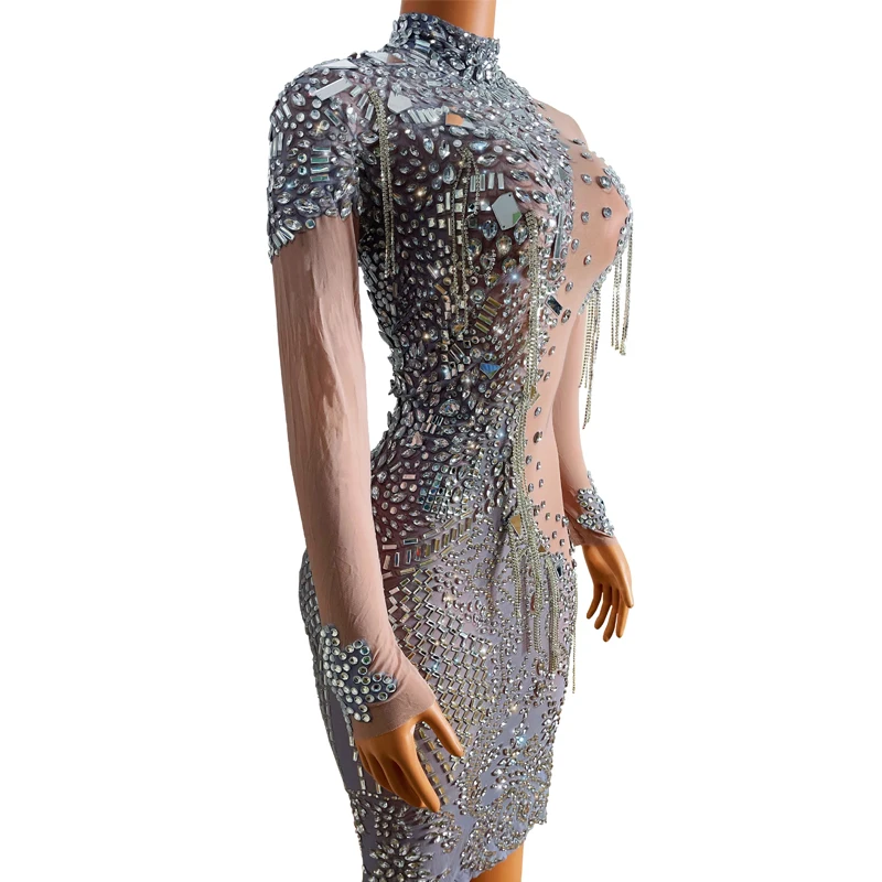 Women'S Mesh Rhinestones Dress Sexy Party Tassels Dress Stage Festival Outfit Bar Nightclub Dj DS Gogo Dance Costume XS6497