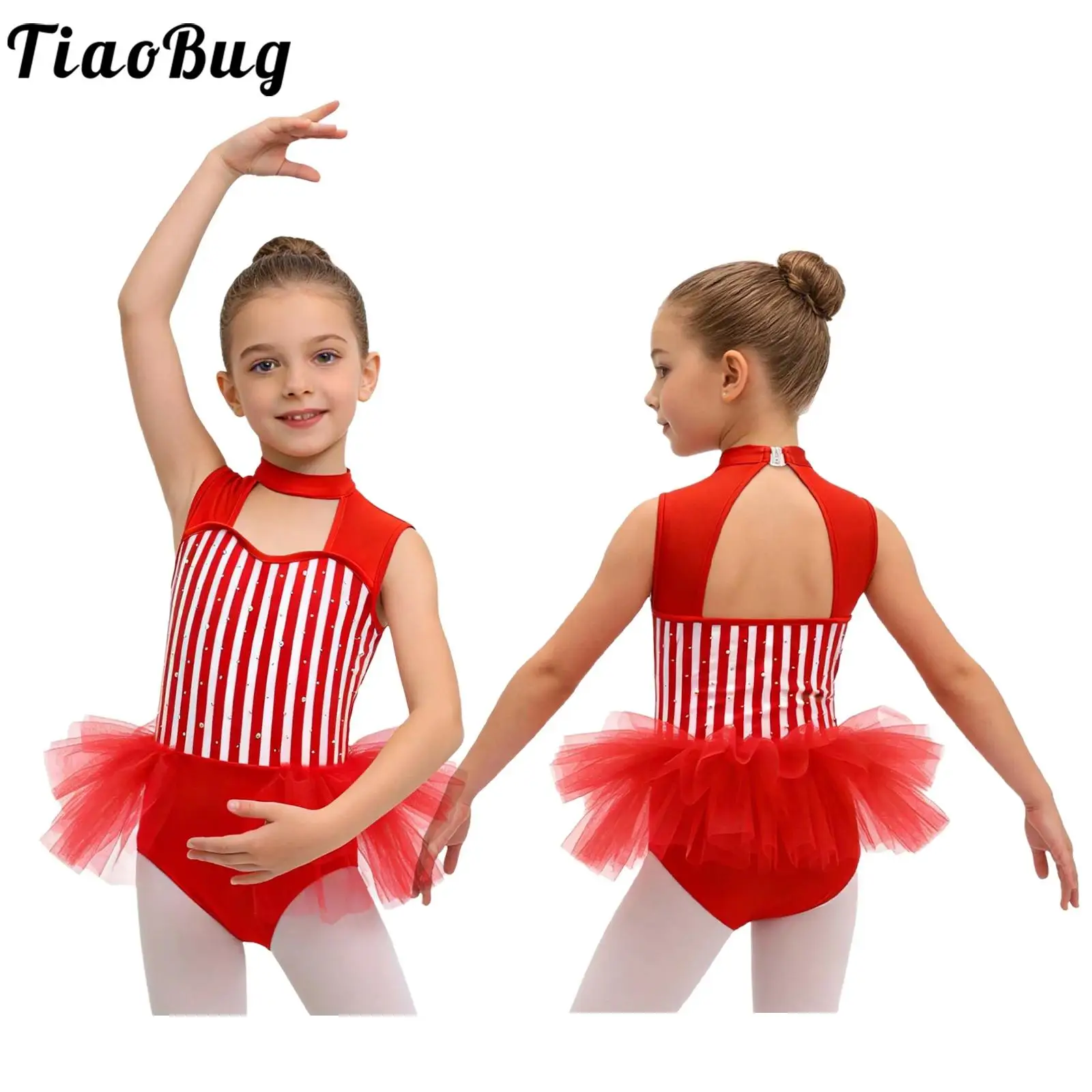 

Kids Girls Gymnastic Leotard Ballet Dance Costumes Striped Leotard Tulle Skirted Bodysuit Performance Circus Ringmaster Dresses