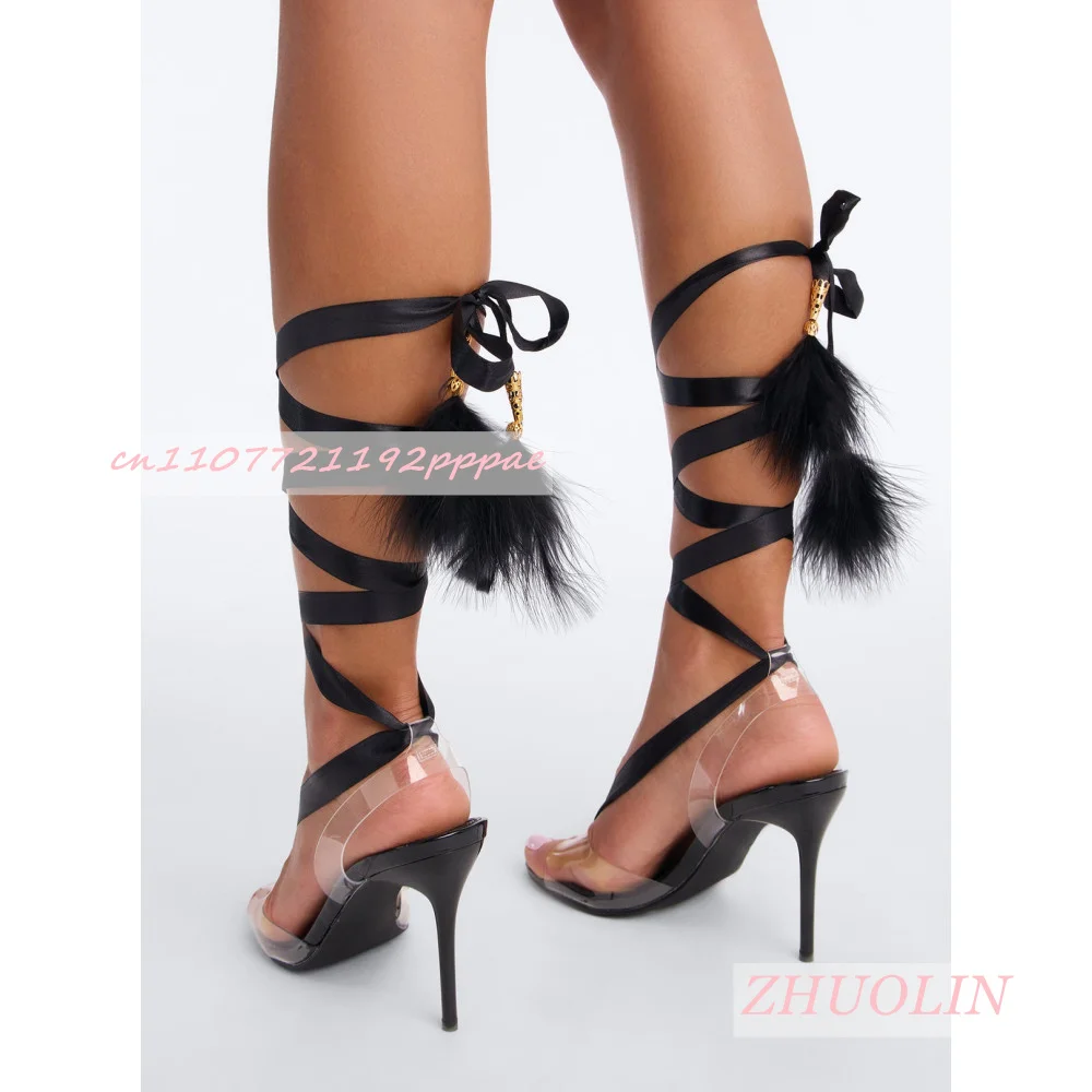 Women Clear Pvc Thong Sandals Black Fluffy Feather Satin Wrap Leg Strap Stiletto Heels Club Party Footwear Zapatos Mujer 35-46