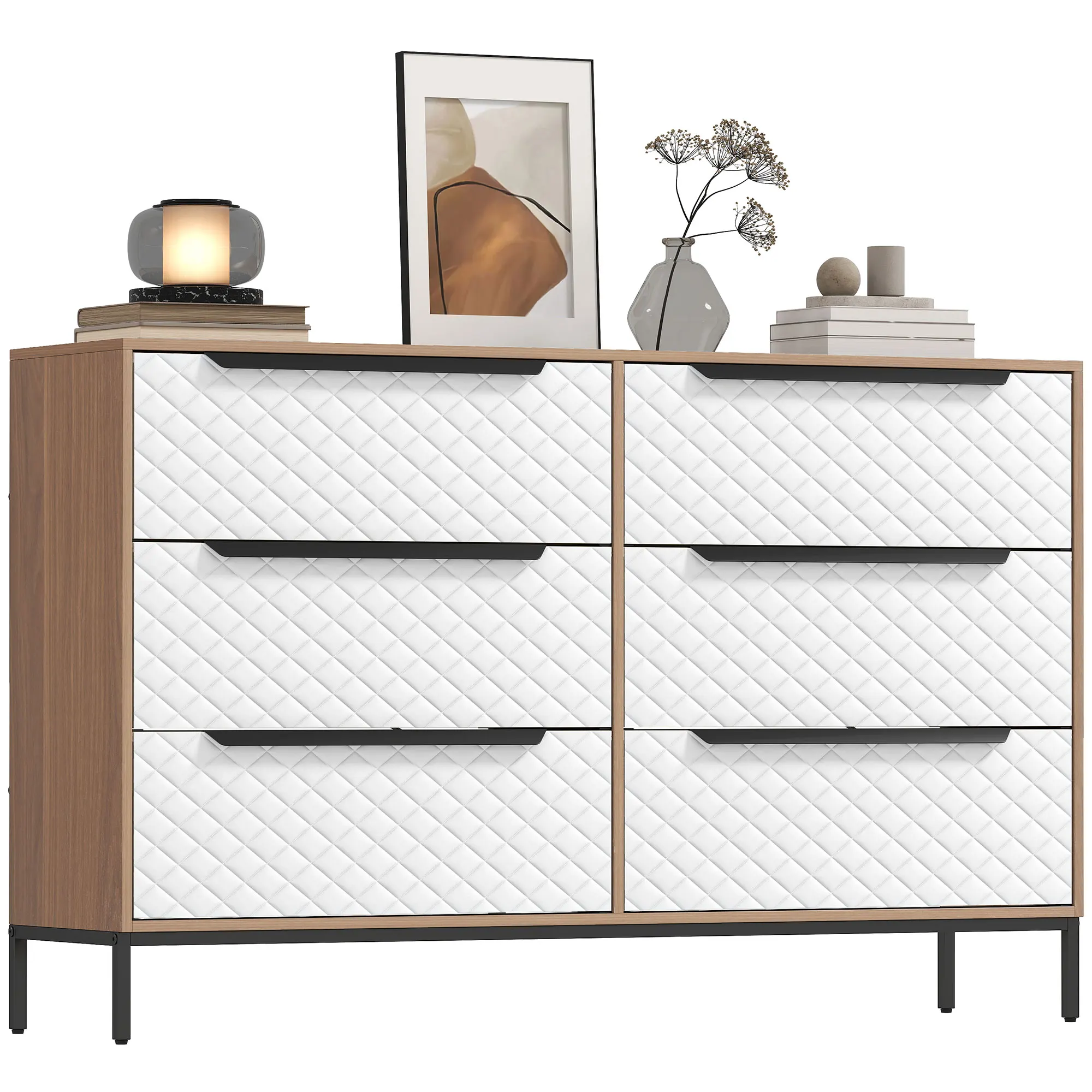 Homcom Cassettiera con 6 cassetti in tessuto, cassettiera per camera da letto, frontali con motivo a rombi, cassettiera per soggiorno, ufficio, spogliatoio, naturale e bianco