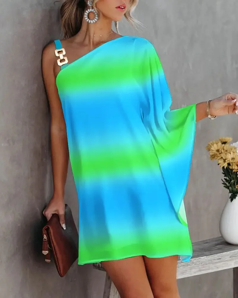 Women's One Shoulder Asymmetrical Leaf Print Mini Dress with Wide Sleeve and Gold Hardware Strap for Party Evening Wear
