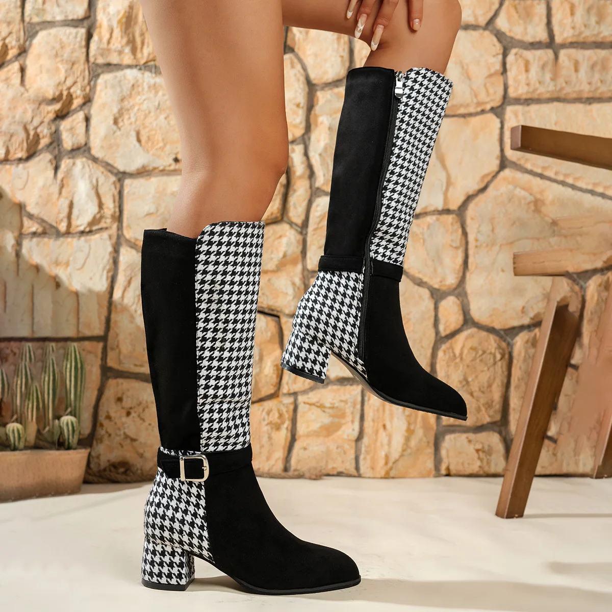 

Women's elastic geometric print knee high boots for 2026 autumn new collection with closed mouth and thick heels for women