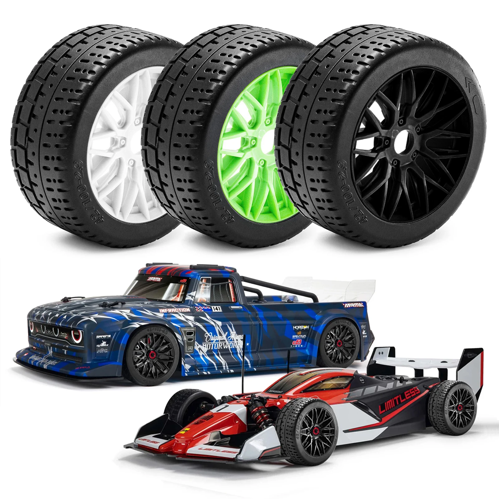 4pcs 102mm RC Highway Wheel Rim & Rubber Tire Set for ARRMA 1/7 Inraction 6S/Limitless F1 RC Car Upgrade Parts