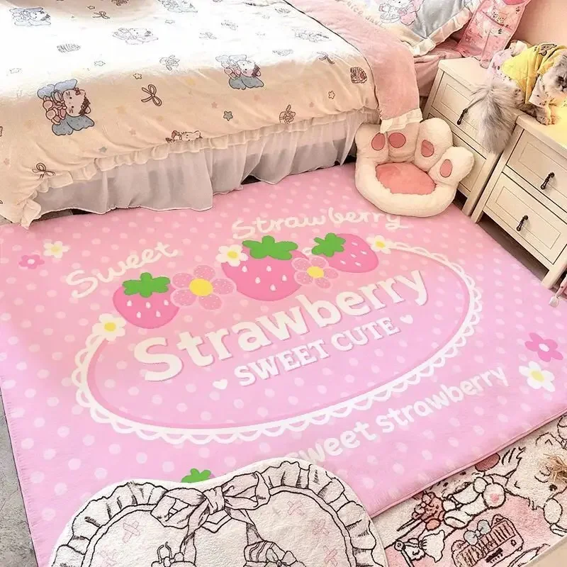 Sweet Pink Strawberry Bow Area Rug Non Slip Washable Plush Floor Mat Cute Cartoon Girls Bedroom Kids Room Home Decor Carpet