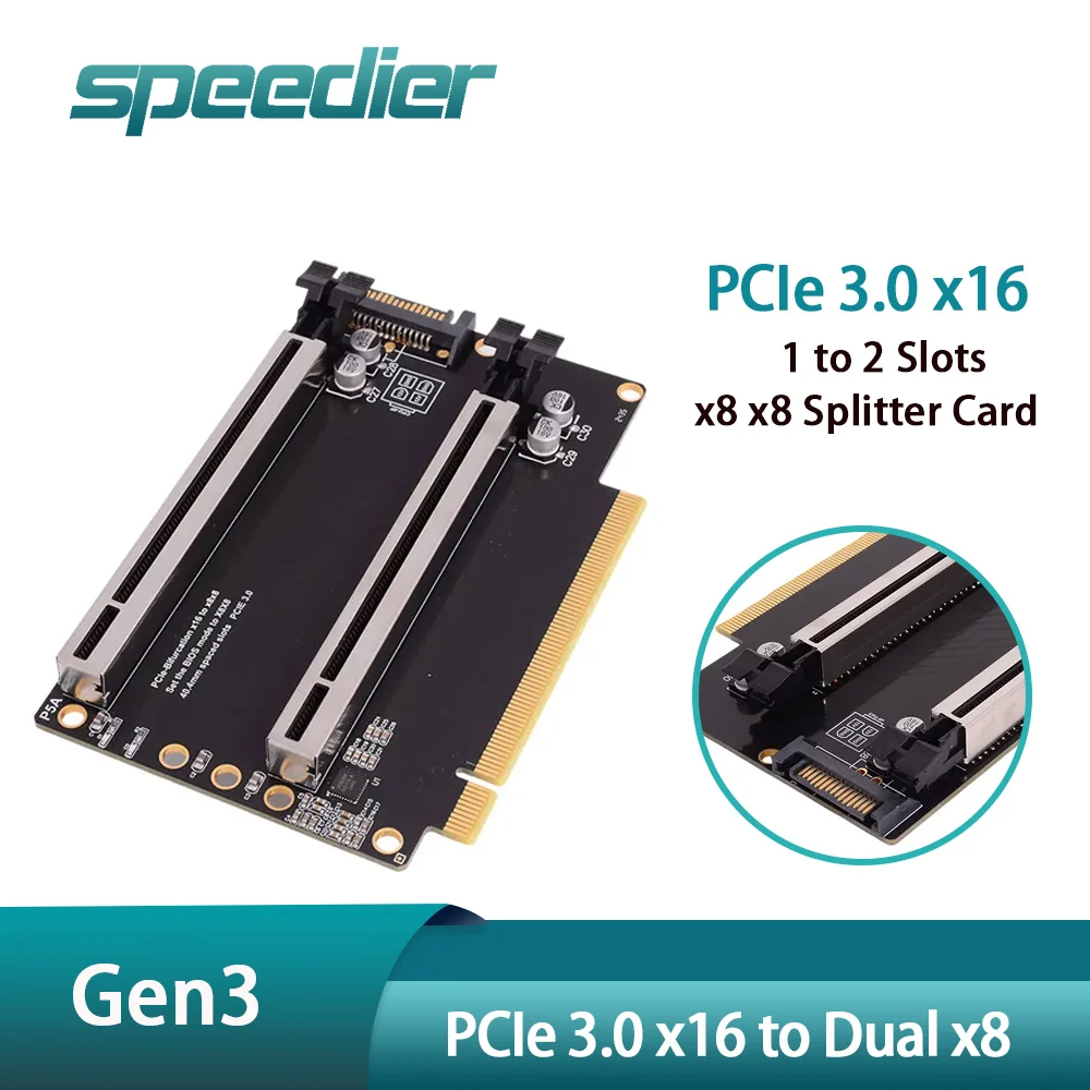 PCIE 3.0 X16 To X8 X8 1-to-2 Split Dual X8 Card Gen3 Expansion Card Height Increase Adapter Slot for Graphics Card SATA Power