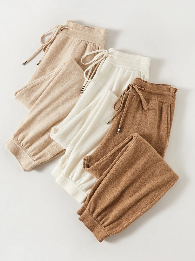 Nuevos pantalones informales de Cachemira de 100% para mujer de alta calidad, pantalones de punto suaves de Color sólido para otoño e invierno, pantalones cálidos Grace para mujer