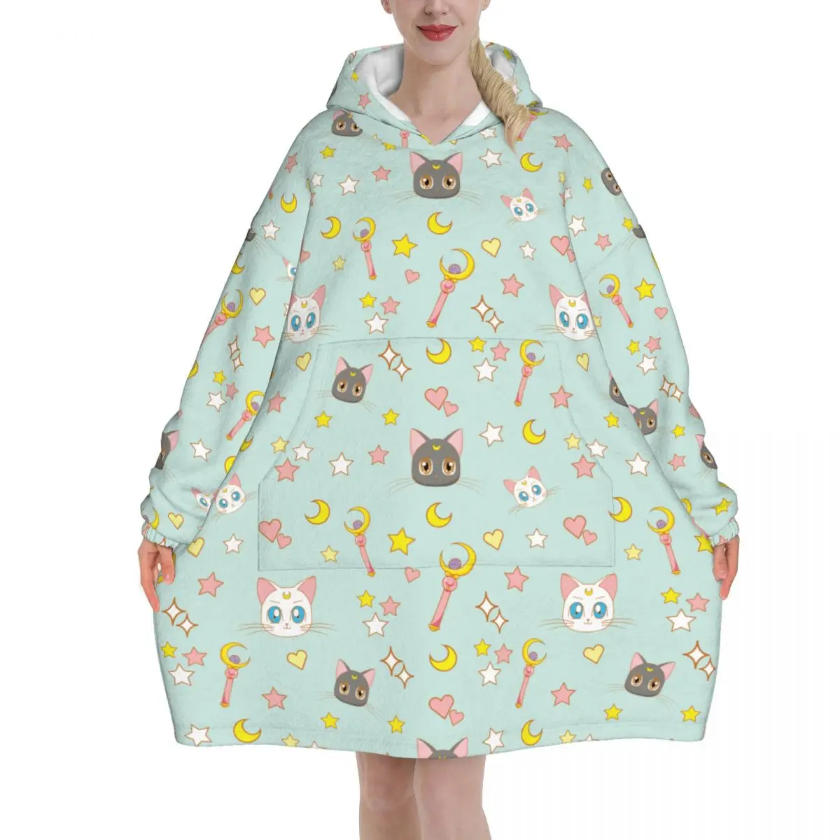 

Носимое одеяло Cat Luna Sailors Moon, толстовка с капюшоном для женщин и мужчин, толстовка большого размера, одеяло с карманом