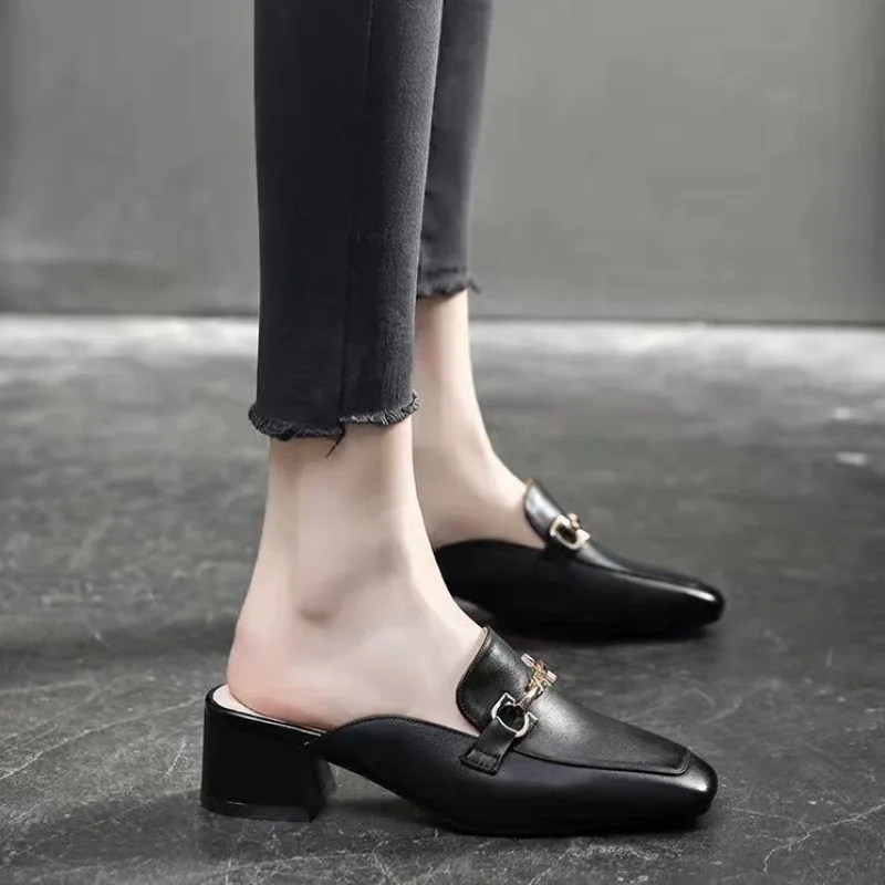 2024 High Quality Ladies Shoes Mules Women\'s High Heels Fashion Hot Sale Pumps Square Heel Solid Female Shoes High Heels