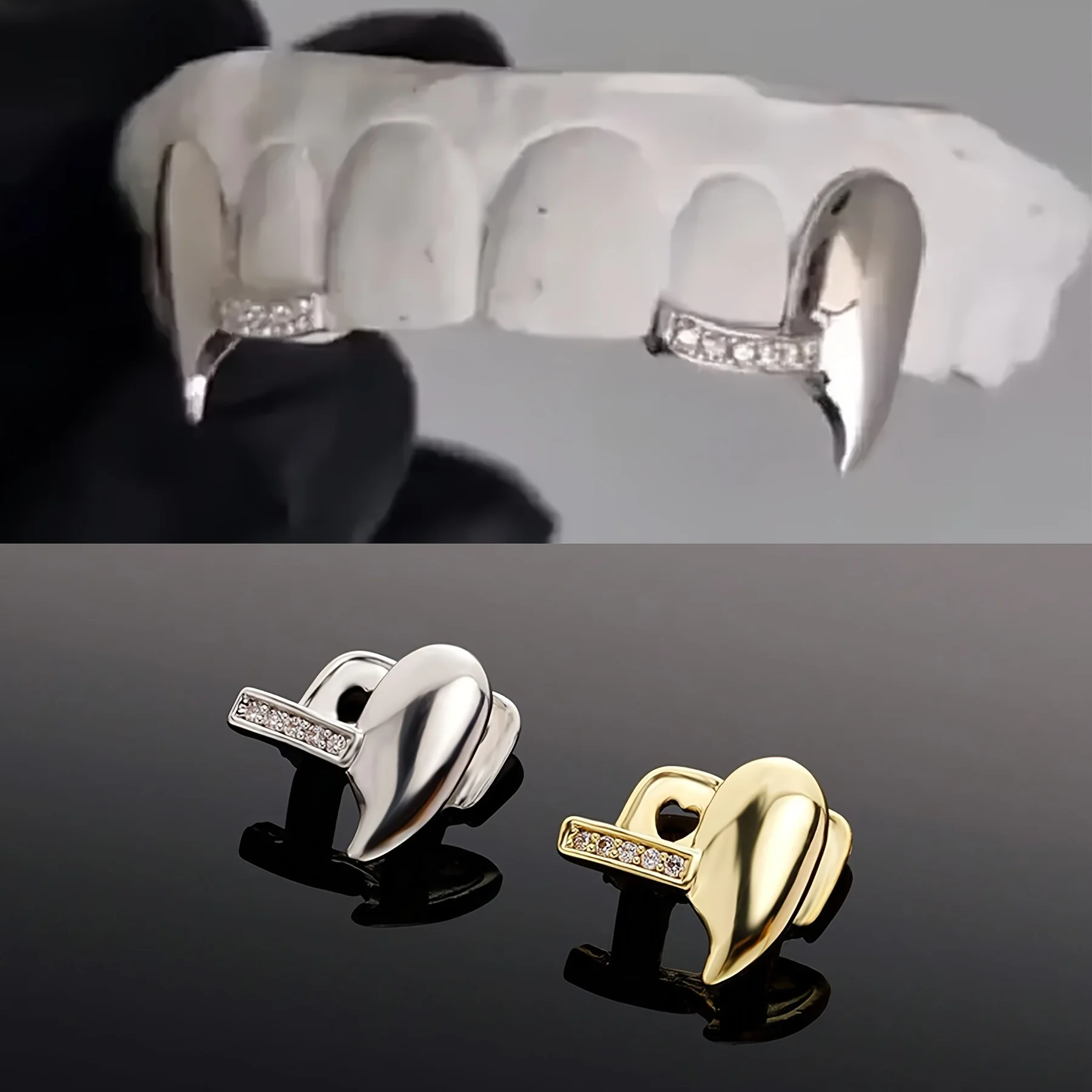 Hot Sale New Single Pointed Teeth Rhinestone Zircon Tooth Socket Horizontal Bar Combination Personality Dentures Men