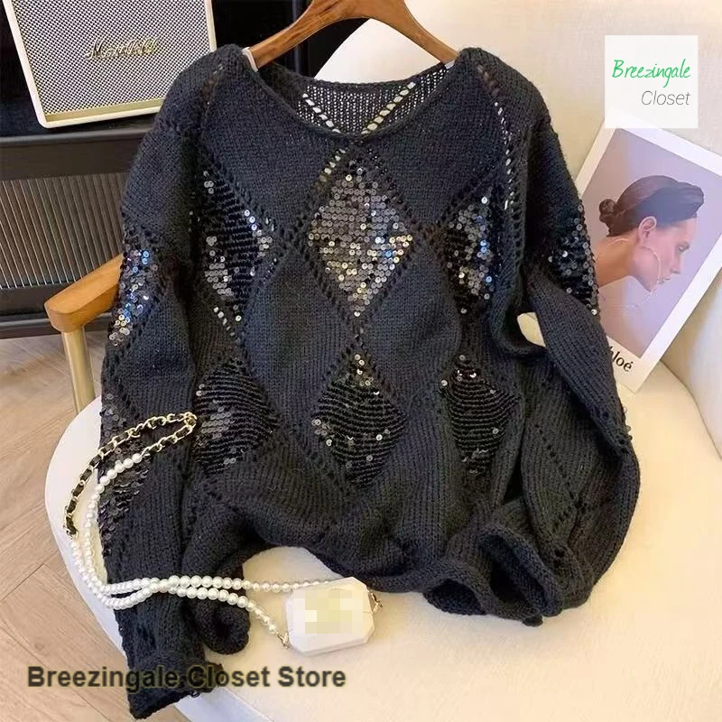 French Joker Knitwear women's autumn and winter new diamond heavy sequins new fashion soft hollow loose casual pullover sweater