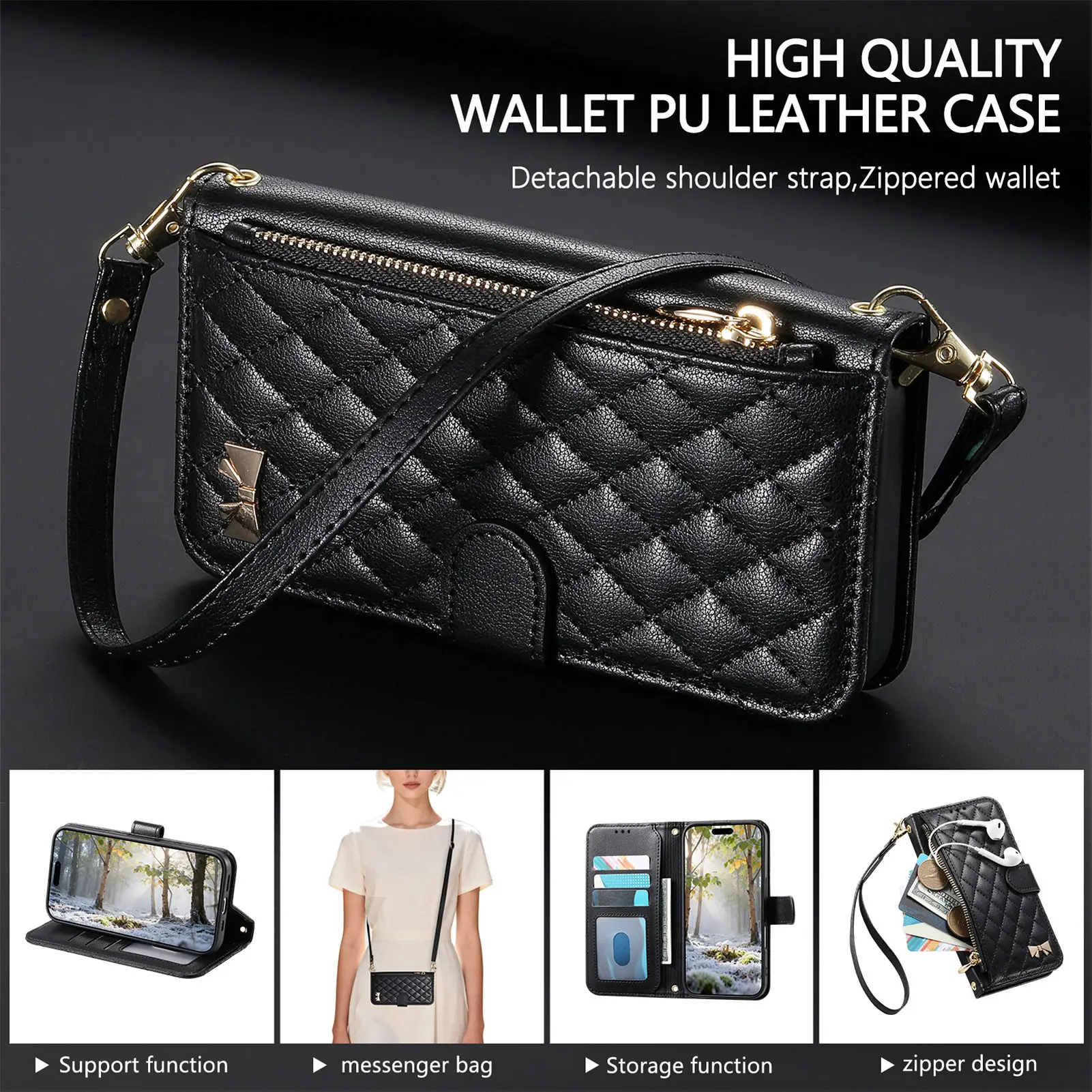 PU Leather Zipper Crossbody Wrist Strap Flip Wallet Phone Case For Samsung Galaxy S26 S25 Plus S24 FE S23 Ultra S22 A57 Cover view 6