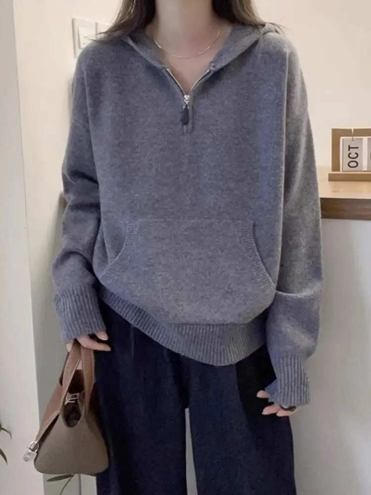 Fashion lazy wind hooded pullover sweater autumn and winter new chic niche half zipper design cashmere bottoming shirt