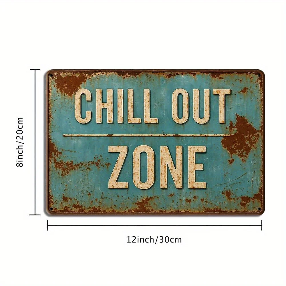 علامة معدنية "Chill Out Zone" - 20.32 × 30.48 سم ديكور عتيق متعثر لمساحات الاسترخاء