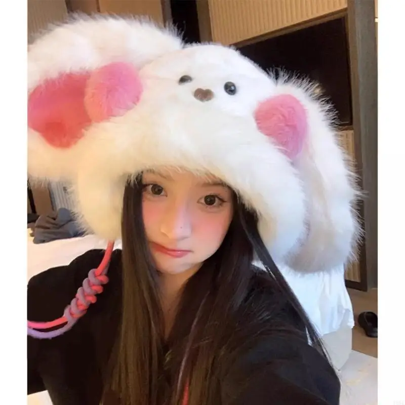 195E Copricapo conigli pelosi con cappello peloso cosplay arrossato degli anni con orecchio
