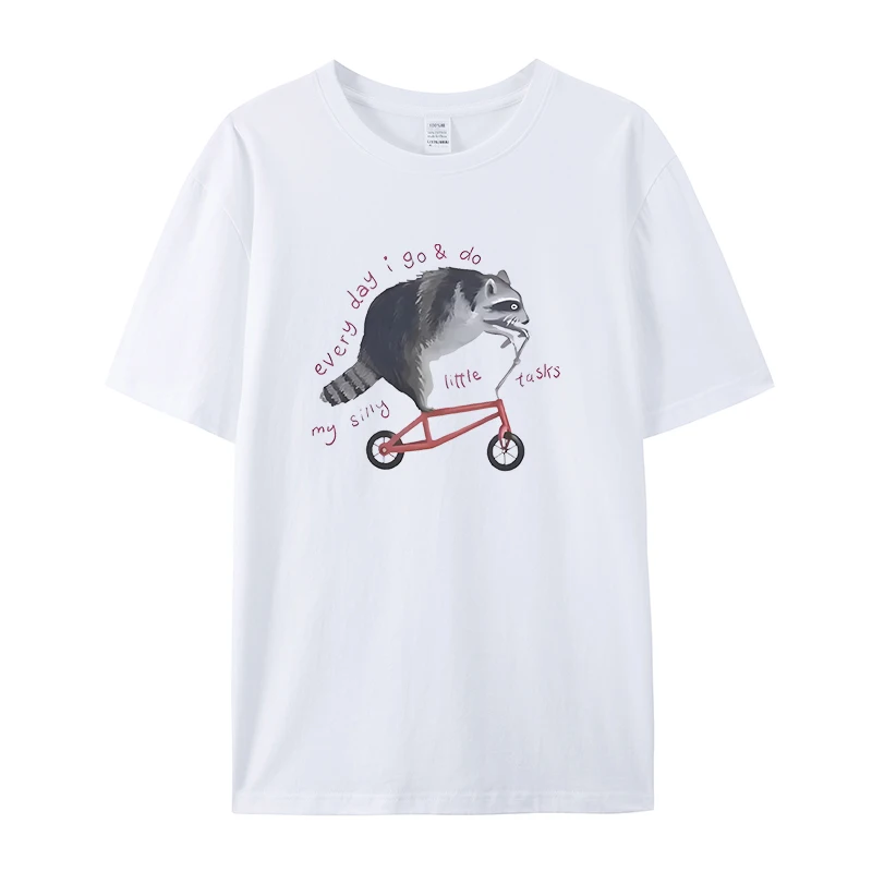 Funny Raccoon on Bicycle Meme T Shirts Men Women's Casual Vintage Cartoon T Shirt Summer Cotton Humor Short Sleeve T-shirts Tops