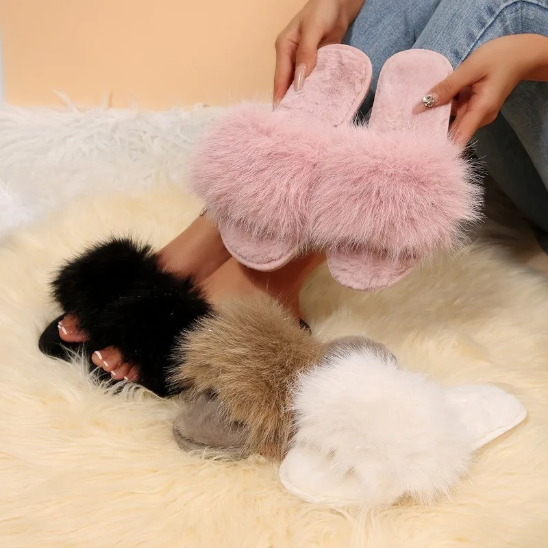 Fuzzy Slippers for Women's Outer Wear 2026 Spring and Autumn New Home Flat Cotton Shoes