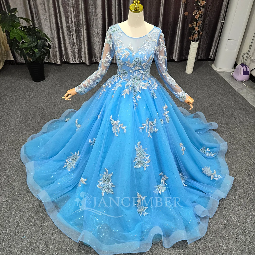 فستان الأميرة Quinceanera الأزرق زهرة طويلة الأكمام بلورات الخرز vestidos de 15 quinceañera فستان حفلة عيد ميلاد مخصص