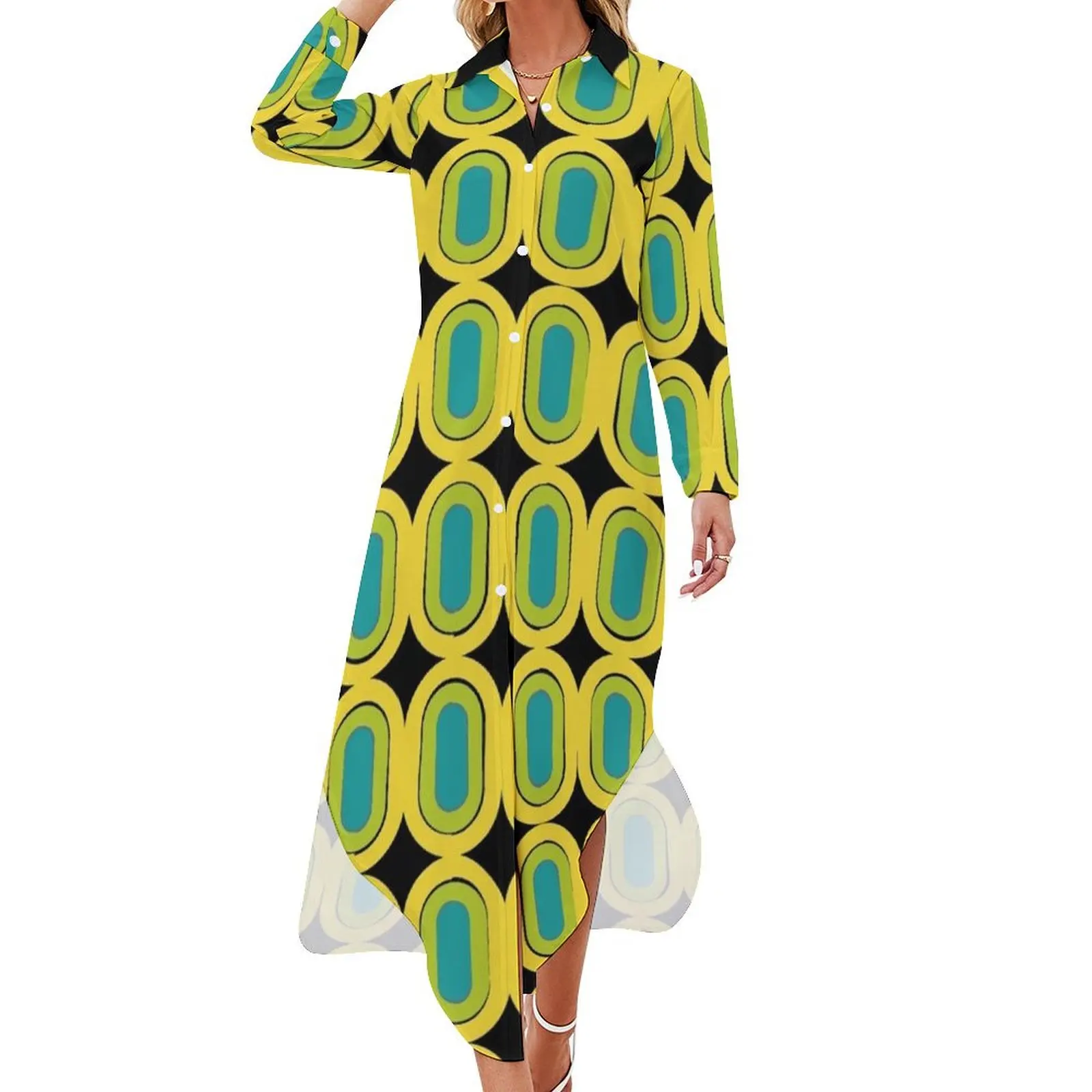 

60s Mod Pattern - Yellow Long Sleeved Shirt Dress summer woman dress 2024 prom dresses 2024