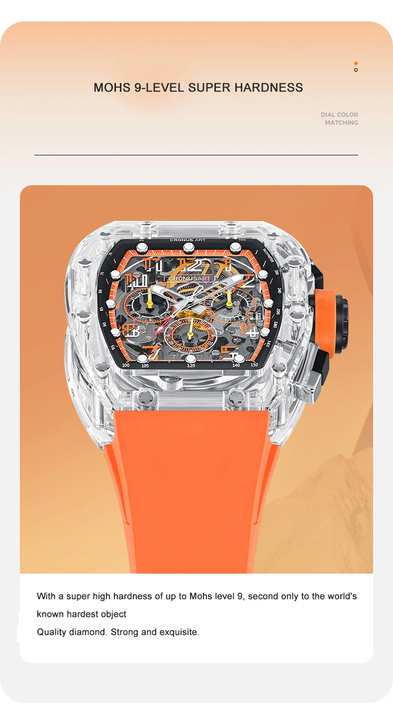 CRONUSART Orologio cronografo da uomo 50MM Tonneau Orologio da polso meccanico Cassa in zaffiro Cinturino in gomma fluorurata luminosa Grandi finestre triple