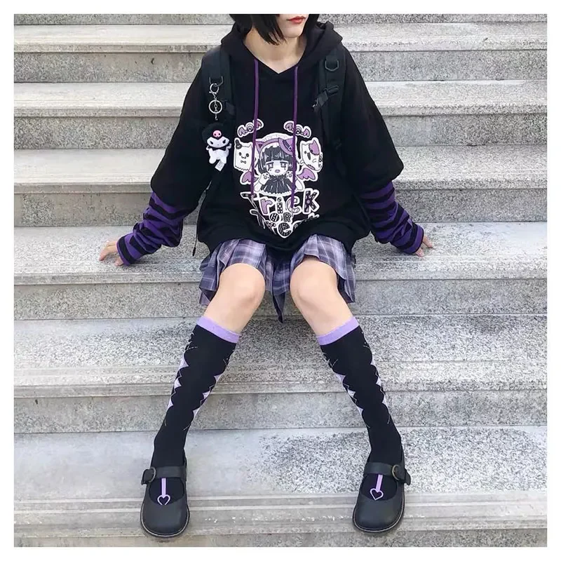 Teenage Anime Hoodies Women Japanese Cartoon Long Sleeve Pullover Hip Hop Harajuku Kawaii Autumn Hooded Sweatshirt Emo Clothes