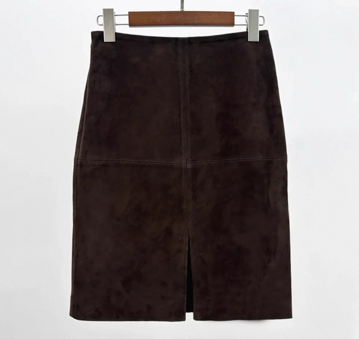 

Retro Genuine Suede Real Leather Pencil Skirt Slit In front Soft Lambskin Midi Skirt with Knee Length 53cm Women Deep Coffee