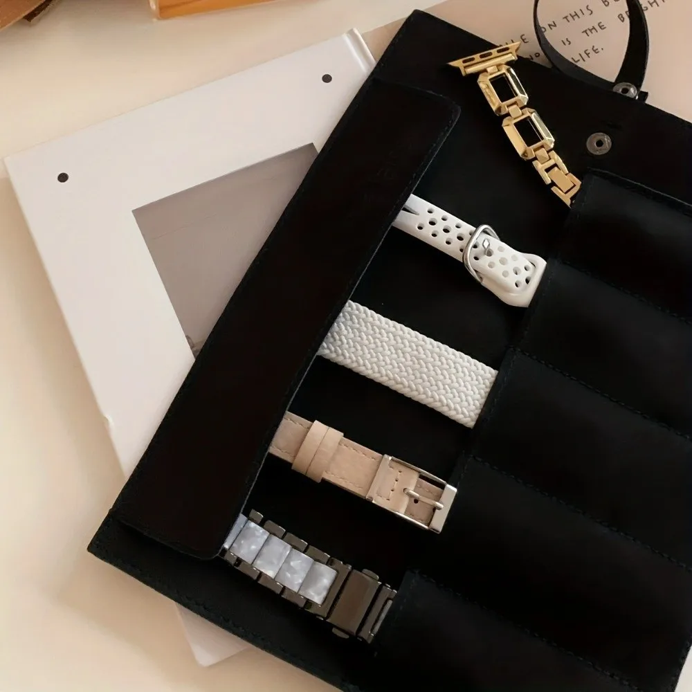 PU Watch Band Roll Organizer Snap-On Dustproof Watch Strap Storage Bag 5 Slots Portable Watch Storage Bag Travel Case